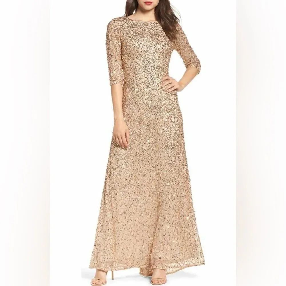 Pisarro Nights Sequin A Line Gown Evening Dress Illusion SZ 14 NWT NUDE BLUSH